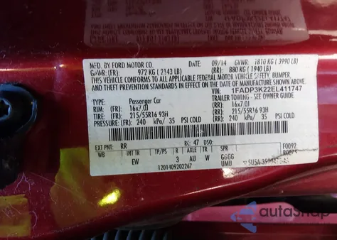 2014 Ford Focus Se z USA, uszkodzony, nr VIN 1FADP3K22EL411747